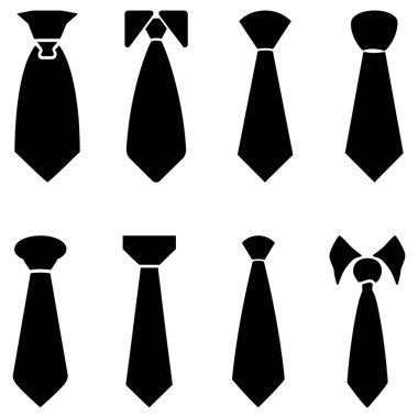 Görünür düğüm ve tasma detayına sahip bir klasiğin siyah kravat simgesi seti.