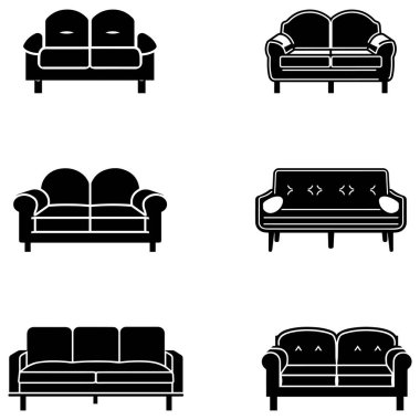 Kollukları ve kısa bacakları olan iki yastıklı bir kanepenin stilize edilmiş siyah silueti..