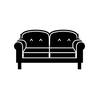 Kollukları ve kısa bacakları olan iki yastıklı bir kanepenin stilize edilmiş siyah silueti..