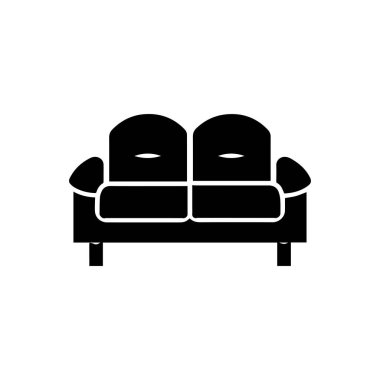 Kollukları ve kısa bacakları olan iki yastıklı bir kanepenin stilize edilmiş siyah silueti..