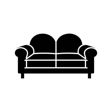 Kollukları ve kısa bacakları olan iki yastıklı bir kanepenin stilize edilmiş siyah silueti..