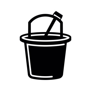 Beyaz arka planda kıvrımlı saplı siyah bir kova silueti..