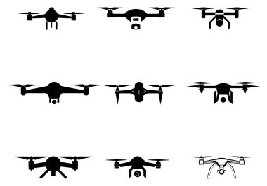 Bu resim, temiz beyaz bir arkaplan üzerinde dokuz ayrı siyah drone siluetinden oluşan bir koleksiyonu gösterir; her dron bir vektör biçiminde gösterilen çeşitli rotor ayarları ve kamera sistemlerine sahiptir..