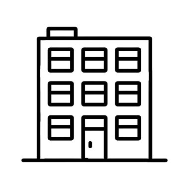 Siyah çizgili izole ikon, merkezi bir kapı ve ön cephesinde simetrik olarak sıralanmış dokuz eşit aralıklı pencereye sahip üç katlı basit bir yapı gösteriyor..