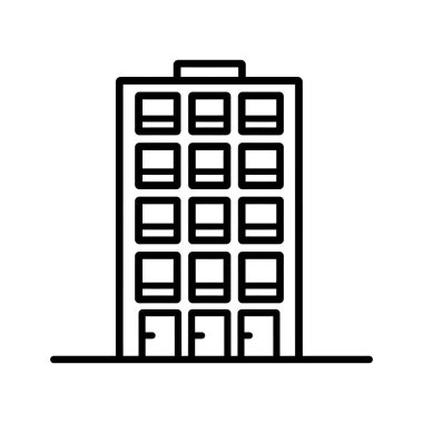 Beyaz bir arkaplanda izole edilmiş bu çizgiler yüksek bir bina gösteriyor. Binanın basit bir şekli, çoklu kare pencereleri ve küçük, düz bir çatısı var..