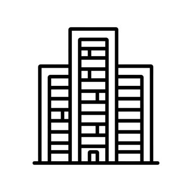Çok katlı bir binanın gösterişli, sadeleştirilmiş bir çizgi simgesi modern mimariyi minimalist bir tarzda resmediyor. Temiz, siyah çizgiler çeşitli proje ihtiyaçları için şeffaf bir ön cephe oluşturur.