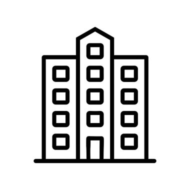 Cesur bir siyah vuruş, modern mimari taslağını ve şeffaf arkaplan üzerindeki minimal kare pencere tasarımını vurgulayan çok katlı basit bir bina tasvir eder..