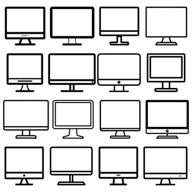 Grafik, her biri bir ızgara deseni üzerinde düzgün bir şekilde düzenlenmiş basit bir taslak olarak tasarlanmış 16 çeşit masaüstü bilgisayar monitör simgesi sunar. Şeffaf arkaplan.