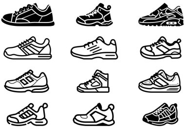 Beyaz bir arkaplanda izole edilmiş resimde, her biri minimalist siyah ve beyaz çizgileri olan eşsiz bir spor ayakkabı stili sergileyen dokuz adet tek renkli spor ayakkabı ikonu yer alıyor..