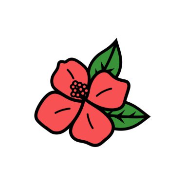 Basit karikatür tarzı illüstrasyon, siyah çizgili ve ortada beyaz arkaplanda siyah çizgileri olan üç yeşil yaprakla çevrili bir kırmızı çiçeği gösteriyor..