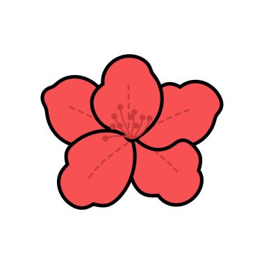 Pembe bir çiçeğin biçimlendirilmiş vektör görüntüsü, siyah çizgili beş taç yaprağı, merkezi bir leke, ve her bir yaprağın üzerindeki kesik çizgiler, beyaz üzerinde izole edilmiş.