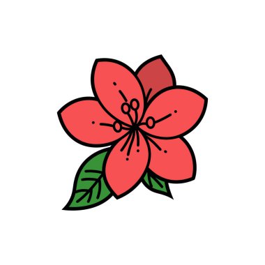 Koyu, koyu renkli ve iki yeşil yapraklı tek bir stilize somon rengi çiçek, izole ve dijital olarak izole edilmiş, beyaz bir arkaplan ile ortalanır..