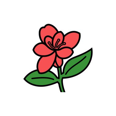 Şekillendirilmiş bir dijital illüstrasyonda siyah çizgileri ve bir gövdeye bağlı yeşil yaprakları olan kırmızı bir çiçek beyaz bir arkaplan, basit bir tasarım üzerinde yer alır..