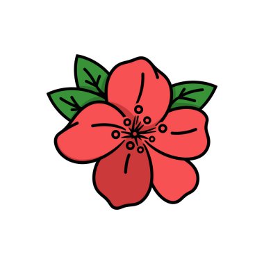 Bir şeftali çiçeğinin dijital olarak oluşturulmuş tasviri, beyaz arkaplanda siyah çizgili mercan yaprakları ve koyu yeşil yapraklar içeriyor..