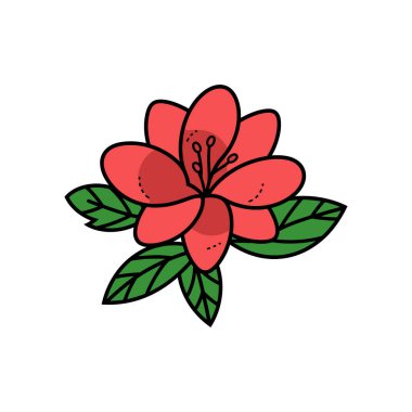 Beyaz arka planda izole edilmiş yeşil yapraklarla çevrili kırmızı bir çiçeğin çizgi film tarzı tasviri. Çiçeğin altı taç yaprağı ve detaylı bir merkezi vardır..