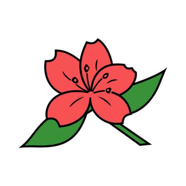 Minimalist bir vektör illüstrasyonu, parlak yeşil yapraklar ve siyah çizgilerle bembeyaz bir zemin üzerinde eşleştirilmiş, beş yapraklı canlı bir çiçek göstermektedir..