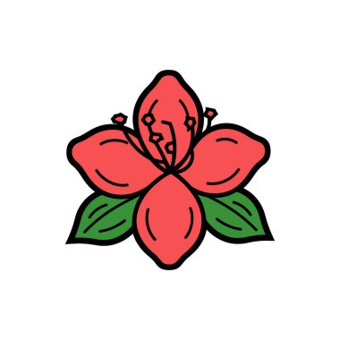 Resimlerde, beyaz arkaplana karşı basit bir vektör grafik tasarımı içinde yeşil yapraklar eşliğinde ayrıntılı siyah çizgilerle biçimlendirilmiş kırmızı bir amber çiçeği gösteriliyor..