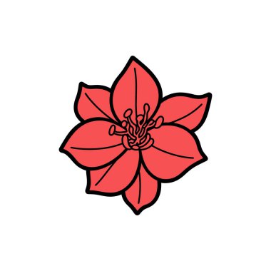 Siyah çizgili ve beyaz arkaplanlı stilize kırmızı çiçeğin dijital çizimi. Tasarım merkezinde altı taç yaprağı ve görünür bir erkek organı barındırıyor..