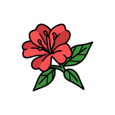 Bu dijital resim, koyu siyah çizgili, temiz beyaz arkaplana karşı yeşil yapraklı, şirin bir çizgi film tarzı kırmızı çiçeğe sahiptir..