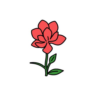 Siyah, yeşil ve beyaz arka planda siyah çizgileri olan iki yeşil yapraklı kırmızı yapraklı tek bir stilize çiçeğin izole vektör çizimi..