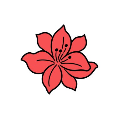 Beyaz üzerine izole edilmiş, pürüzsüz, kalın siyah çizgileri olan kırmızı bir çiçek tokası sanatı ve merkezinde minimalist bir çiçek tasarımı sunan siyah tohum kümesi..