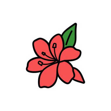 Kırmızı bir açelya çiçeğinin yer aldığı canlı bir illüstrasyon. Siyah çizgili ve detaylı bir kekeme. Temiz, beyaz arka planda tek bir yeşil yaprakla eşleştirilmiş..