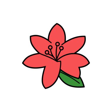 Cesur siyah çizgili canlı kırmızı bir çiçeğin ayrıntılı çizimi. Çiçeğin beş taç yaprağı vardır ve ona küçük yeşil bir yaprak parçası eşlik eder..