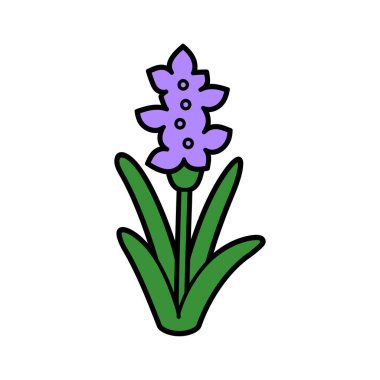 Her birinin üç siyah çizgili dairesi ve beyaz bir fon üzerinde üç yeşil yaprağı olan üç taç yaprağı içeren mor bir çiçeğin karikatür tasviri..