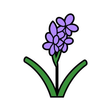 Resim, siyah çizgili mor bir çiçeğin vektör illüstrasyonunu gösteriyor, yeşil yapraklardan filizleniyor, hepsi de temiz beyaz bir arkaplanda. 154 karakter.