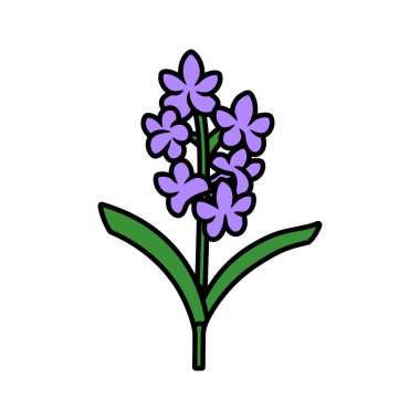 Bu resimde, gövdesi boyunca üst üste dizilmiş mor çiçekleri ve tabanında iki canlı yeşil yaprağı gösteren Hyacinth tarzı bir karikatür tasvir ediliyor..