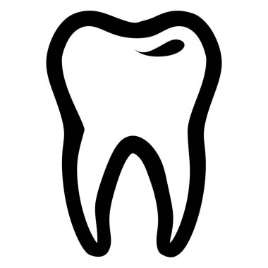 Siyah anahat, kök yapısını ve kavisli bir şekille çiğneme yüzeyini vurgulayan bir azı dişi gösteriyor. Tasarım minimalist ve grafiksel..