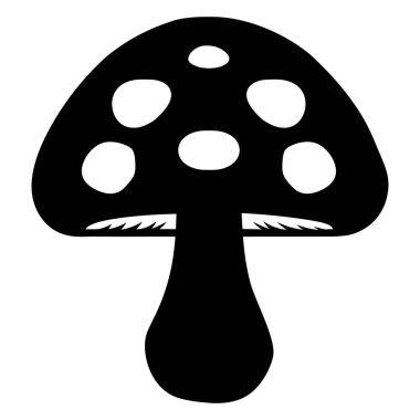Siyah beyaz bir siluet, klasik bir Amanita mantar şekli sergiliyor. Bu çarpıcı resimdeki belirgin yuvarlak başlığa, belirgin noktalara ve iyi tanımlanmış kök detayına dikkat edin..