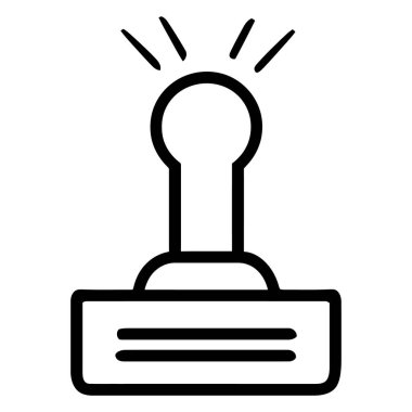 Resimde basit bir siyah-beyaz kauçuk damga simgesi gösteriliyor. Tasarım, dikdörtgen bir taban, gövde ve biçimlendirilmiş parlak çizgileri olan dairesel bir kapağa sahiptir..