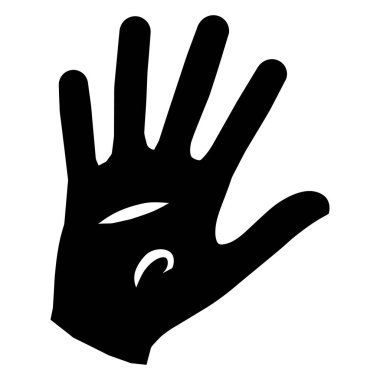 Grafiksel, avuç içi geometrik kesikler içeren, düz beyaz bir arkaplan karşısında yayılmış beş parmaklı, açık bir elin katıksız siyah bir siluetini tasvir eder.