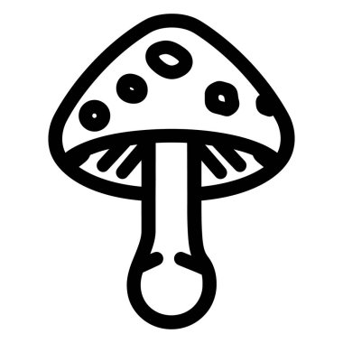 Çarpıcı siyah-beyaz çiziminde tek bir mantar mantarı tasvir edilir, belirgin benekli kapağı ve temiz bir arkaplanda iyi tanımlanmış bir gövdesi gösterilir..