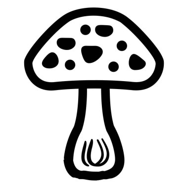 Siyah ve beyaz bir mantarın ana hatları. Zehirli mantar benekli bir kapak ve basit bir karalama tarzında yapılmış iç çizgili bir gövde içerir..