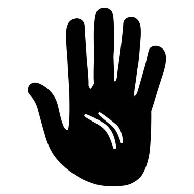Siyah grafik, açık parmakları, avuç içi ve kavisli el çizgileriyle kaldırılmış bir insan eli tasvir ediyor. Temiz beyaz bir arka plan, basit ve göz alıcı bir tasarım..