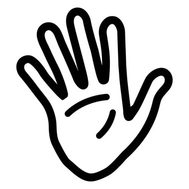 Beyaz arka planda bir avuç içi ve beş parmağı gösteren siyah çizgili bir el çizimi. Selamlamayı, beşliği veya genel el hareketini sembolize eder.