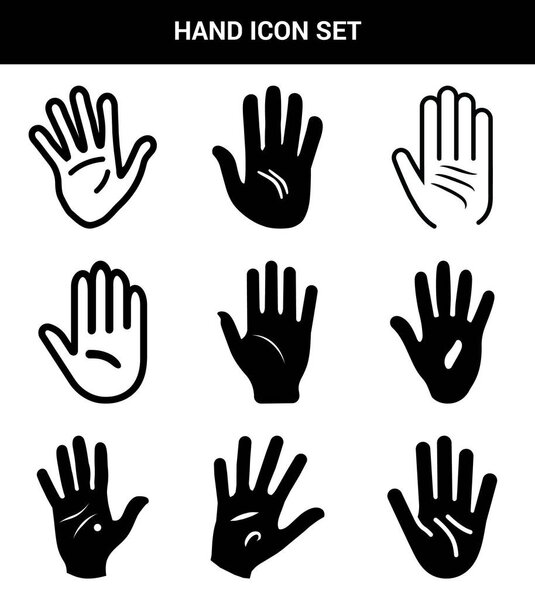This image showcases a set of nine unique black and white hand icons. Each hand illustration is carefully designed with distinct palm and finger features.