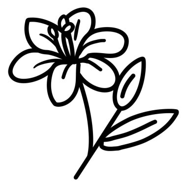 Altı taç yaprağı, bir gövdesi ve iki yaprağı olan çarpıcı bir çiçek çizimi. Boyama kitapları, dövmeler, logolar, doğa, botanik çalışmaları ve tasarım projeleri için ideal.