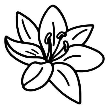 Basit siyah çizgili bir çiçek çizimi. Çiçekte altı taç yaprağı, erkek organları ve erkek organları olan bir merkez bulunur. Renklendirme sayfaları ve tasarım ögeleri için vektör resmi ideal.