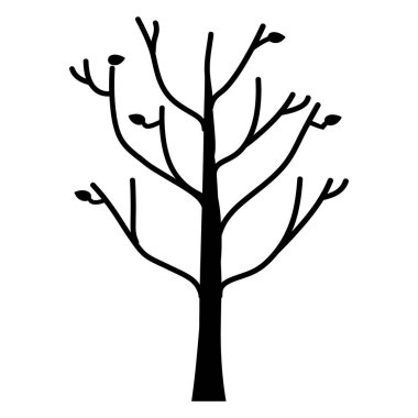 Minimalist bir illüstrasyon, tipik bir siyah ağaç siluetini gösteriyor. Sergide sadece birkaç dallar ve temiz beyaz arkaplan üzerine kurulmuş birkaç küçük yaprak yer alıyor..