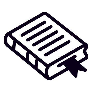 İçinde okuma, eğitim ve öğrenim materyali temsilini sembolize eden kurdele yer imi olan kapalı bir kitabın basit siyah-beyaz izometrik simgesi.