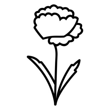 Bir karanfil çiçeğini tasvir eden zarif siyah-beyaz çizimler. Özellikleri tek bir gövde, iki yaprak, ve ince detaylarıyla detaylandırılmış taç yaprakları, bir çizgi sanat tarzında sergileniyor..