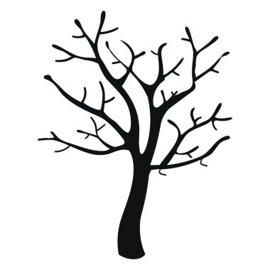 Siluet çizimi, katıksız siyah yapraksız bir ağacı bembeyaz bir zemin üzerinde tasvir ediyor. Minimalist tasarım elementlerini vurgulayan vektör sanatı biçimi.