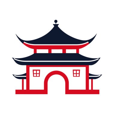 Kırmızı ve koyu mavi bir Çin pagoda girişini gösteren bir vektör çizimi. Yuvarlak kemerli ve pencereli iki katlı bina. Beyazda izole edilmiş.