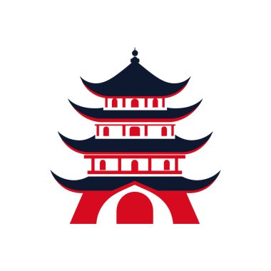 Vektör illüstrasyonu üç katlı, kırmızı ve mavi kemer tabanlı bir pagoda gösteriyor. Grafik tasarım biçimi, beyaz arkaplanda izole edilmiş.