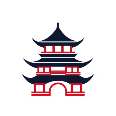 İzole edilmiş vektör çizimi, basitleştirilmiş, üç katlı bir Japon tapınağını gösteriyor. Çatıları koyu mavi ve aksanları / destekleri kırmızı, beyaz arka plana göre ayarlı..