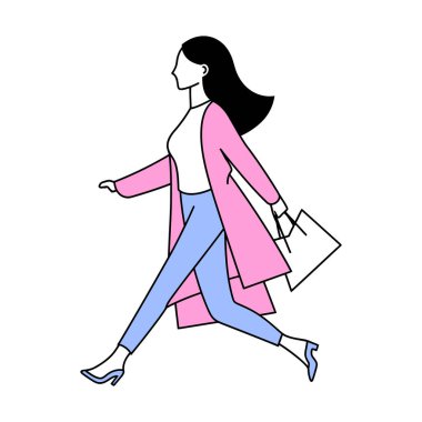 Bu taslak, pembe ceket ve kot pantolon giyen şık siyah saçlı bir kadını tasvir ediyor; sanat eserleri şeffaf ve minimal.