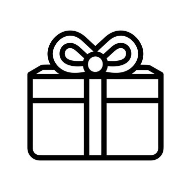 Bu siyah ana hatlı simge, üzerinde yay olan bir hediye içerir; görüntünün temiz, beyaz bir arkaplanı vardır. Kutlama, hediye ve minimalist tasarımı simgeler..